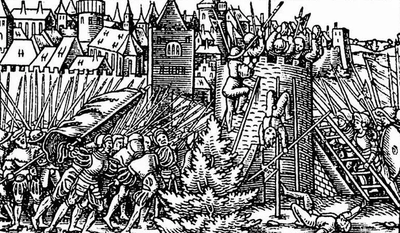 Узяцце Полацка ў 1563 годзе. Дрэварыт 16 стагоддзя. Ілюстрацыя з Кракаўскага музея