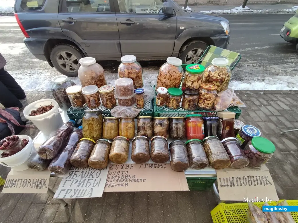 Неорганизованные продавцы предлагают домашние консервы и сушеные грибы. Могилев, 10.02.2023 г