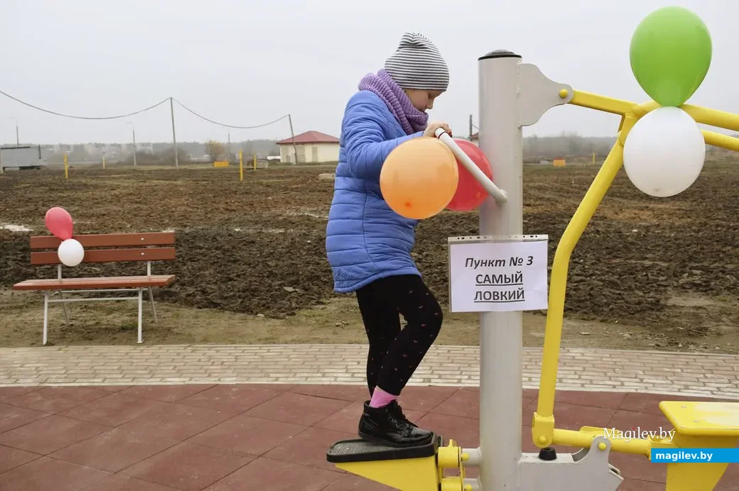 На аллее установлены уличные спортивные тренажеры.