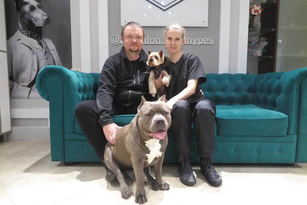 Сергей и Лора Королевы со своим американским булли Руми и клиентом- йорком Оливером