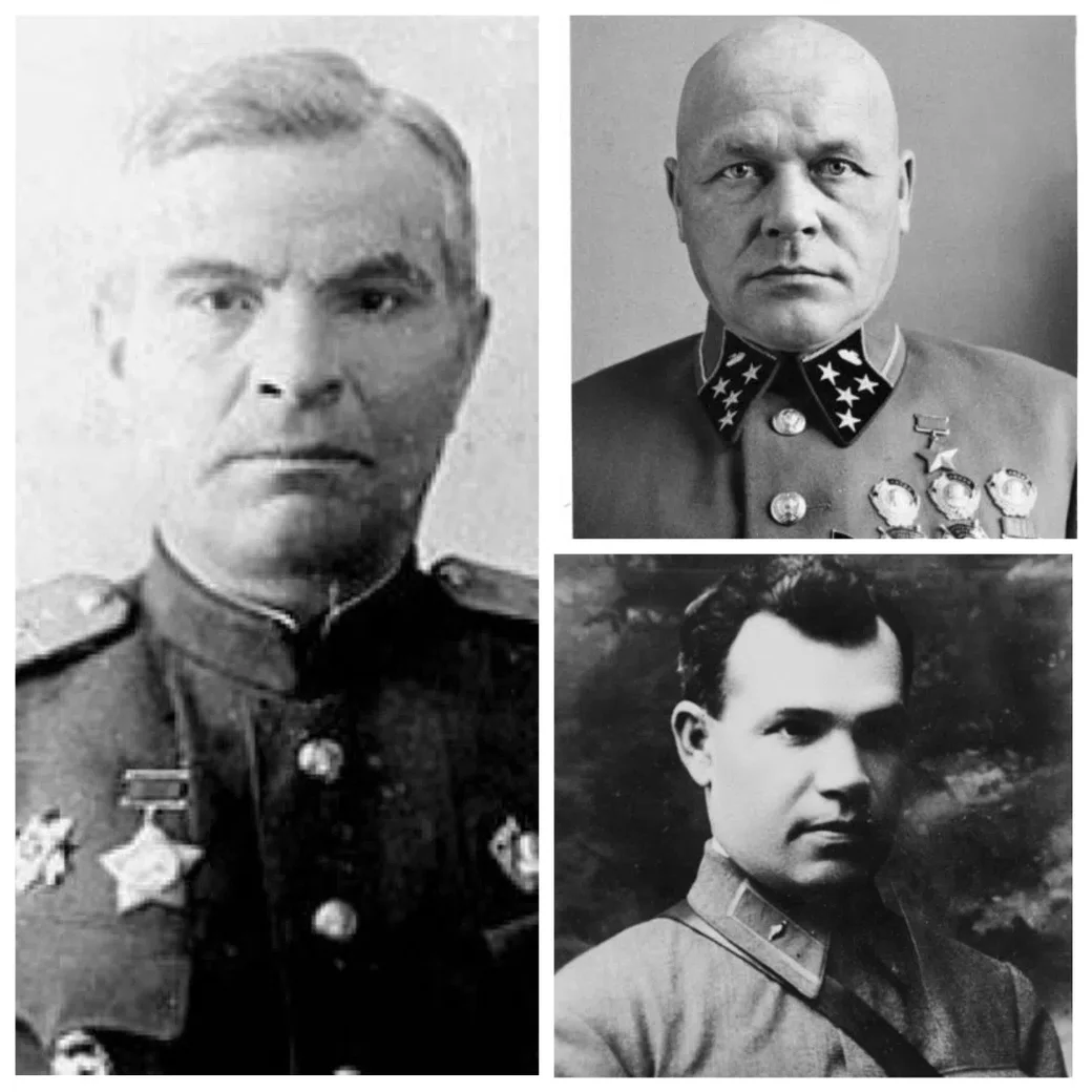 Слева: Ф. Ф. Поветкин. Вверху справа: Д. Г. Павлов. Внизу справа: А. А. Коробков.