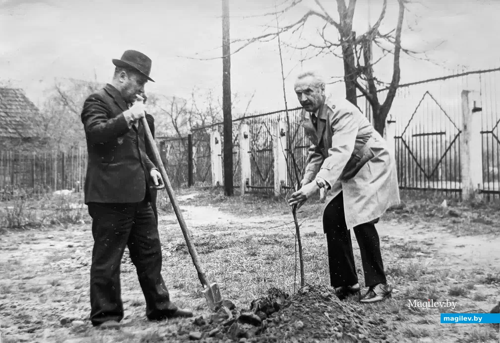 Благоустройство двора. Справа отец Галины Александр Бодрый. 1960-е годы.