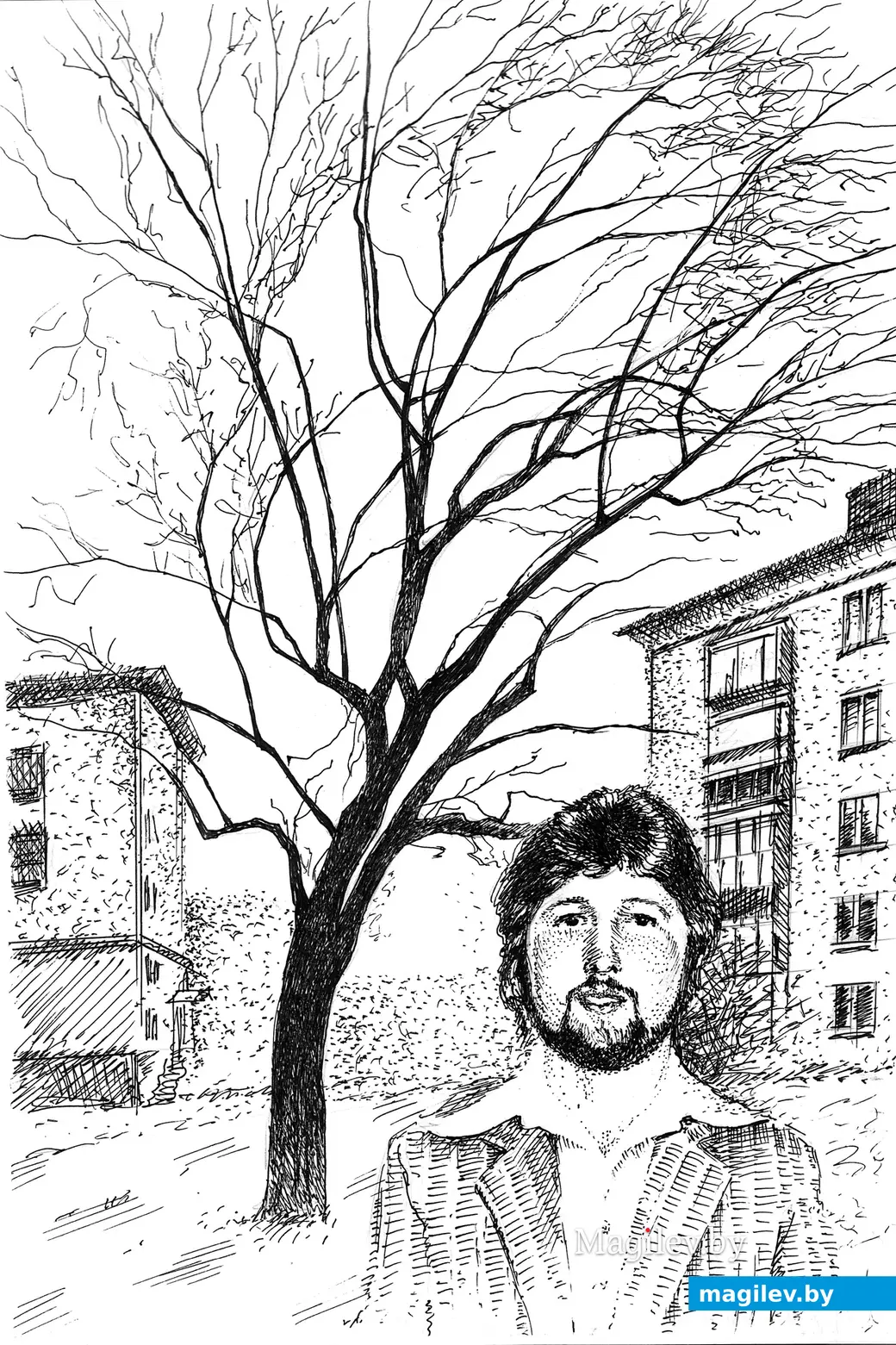 Марат Фарберов и дерево в Могилеве, названное его именем. Рисунок Юрия Нестерука.