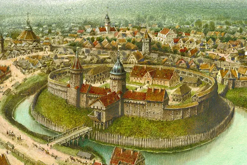 Выява старога горада (17 стагоддзе). Ілюстрацыя паводле: kleck.by