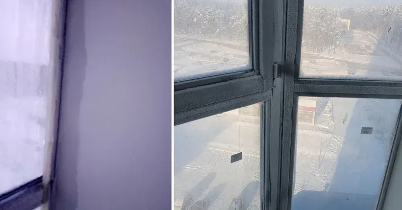 Окно в квартире Юлии прошлой зимой. Видна мокрая стена на месте стыка с окном. Семья заделала образовавшееся у стеклопакета отверстие силиконом, в некоторых квартирах