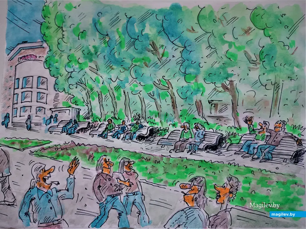 Ах, эти лавочки в 1970-х у «Чырвонай Зоркi». Рисунок автора.