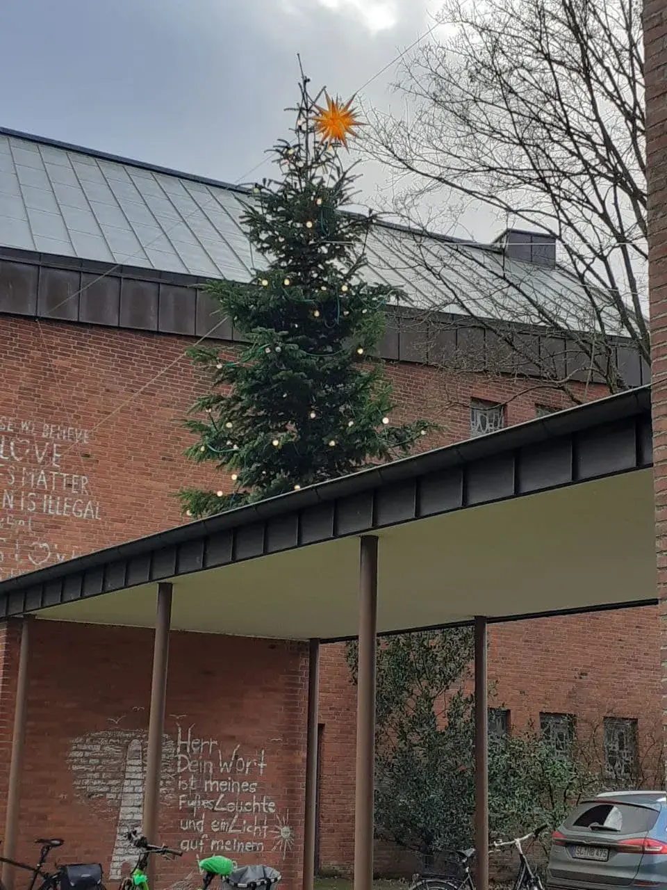 Рендсбург. Даже на крышах можно увидеть новогодние деревца