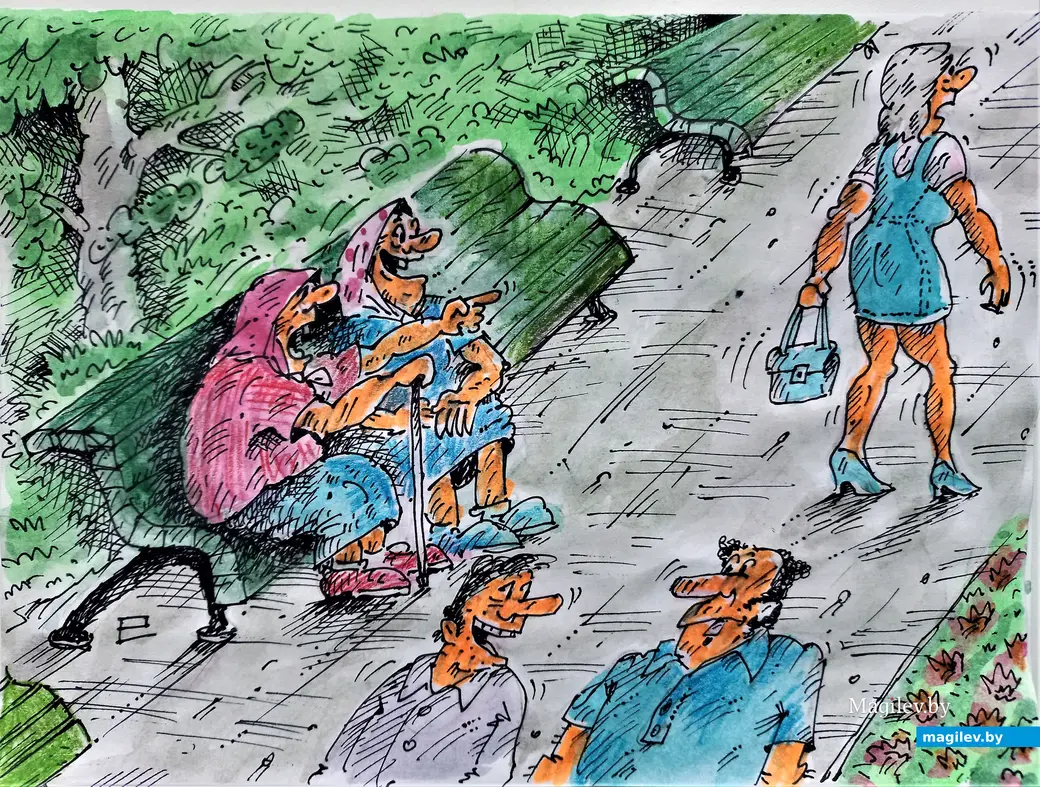  1970-е, Могилев, ул. Первомайская. Лавочки у кинотеатра «Чырвоная Зорка». рисунок автора.