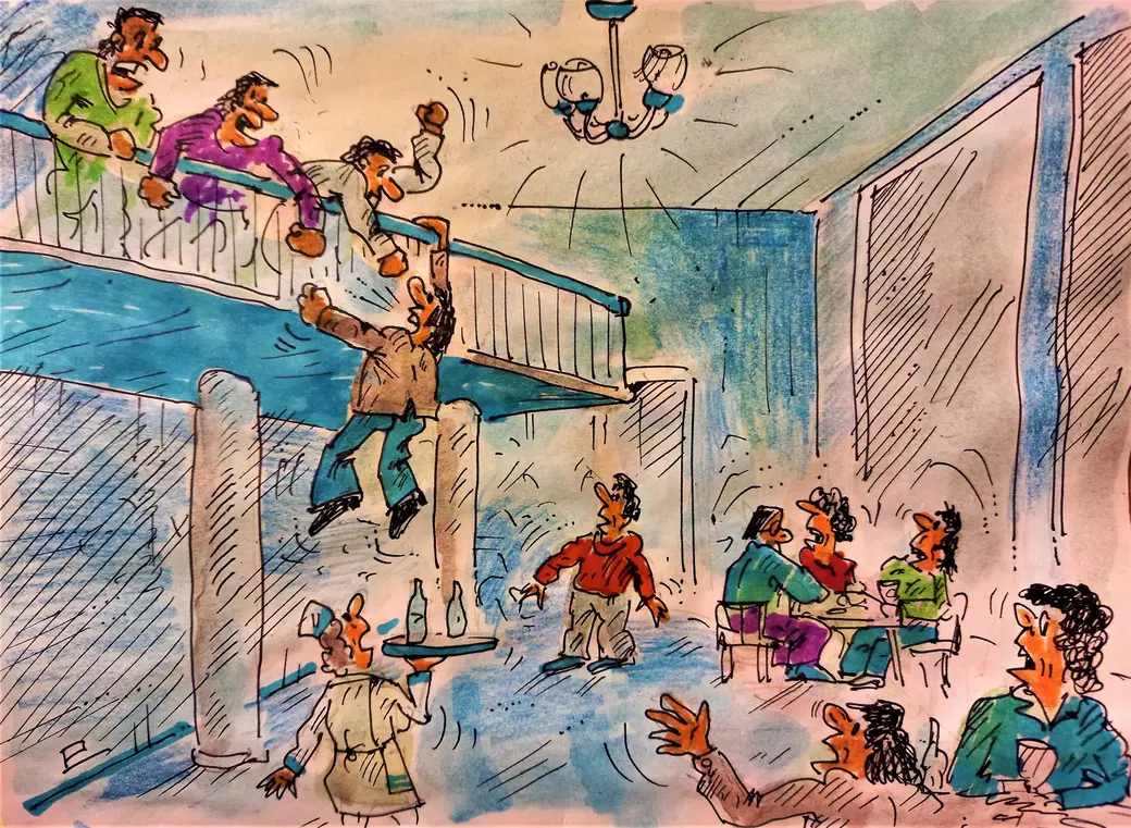 Джавела падал не спеша. Это его и спасло. Рисунок автора