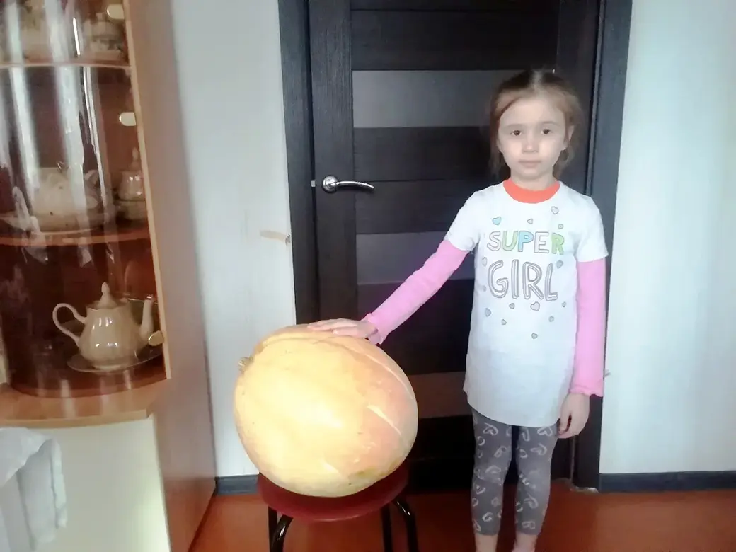 Моя племянница Стефания с главной удачей наших грядок. Сезон 2021 г.