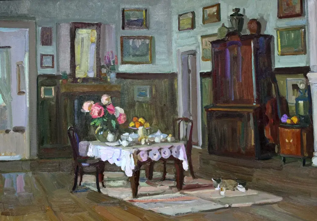 Выставка «Чайка». Музей Витольда Бялыницкого-Бирули. Могилев, апрель 2022 года. Работа Эльмиры Петровой «Гостиная В.К. Бялыницкого-Бирули». 1975 год.