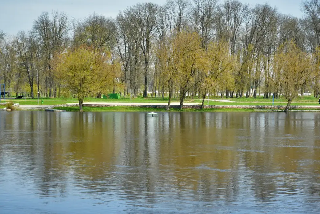 У пляжных зонтиков видны только шляпки. Могилев, 6 мая 2022 г.