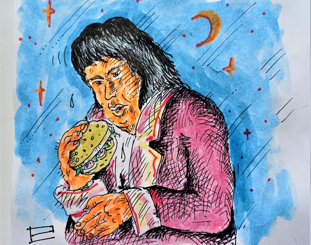 Элвис в какой-то момент перестал сопротивляться постоянно растущему чувству голода. Особенно в ночное время. Рисунок автора.