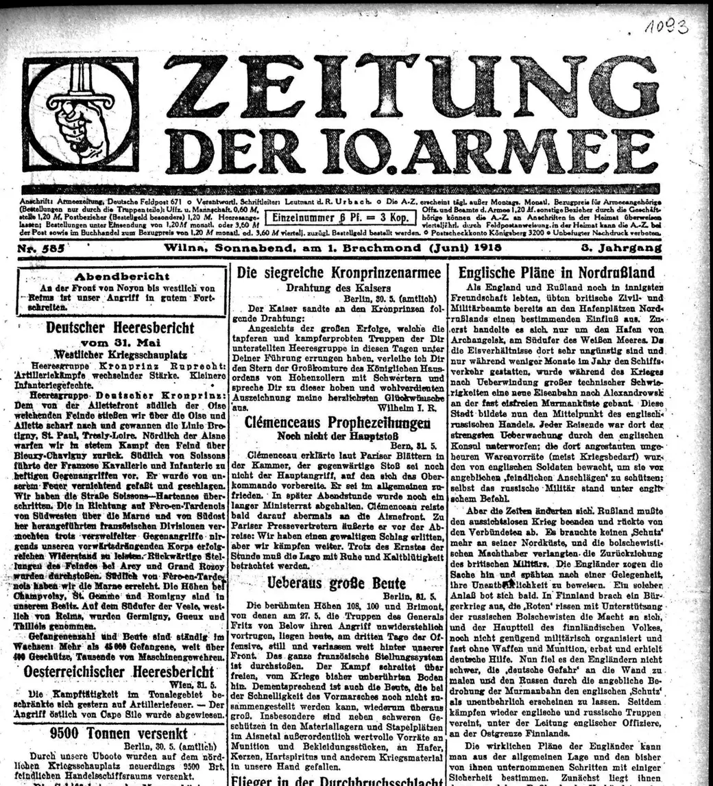 Zeitung der 10. Armee, № 585, 01.06.1918. Магілёў. Фота з архіва Давіда Алега Лісоўскага