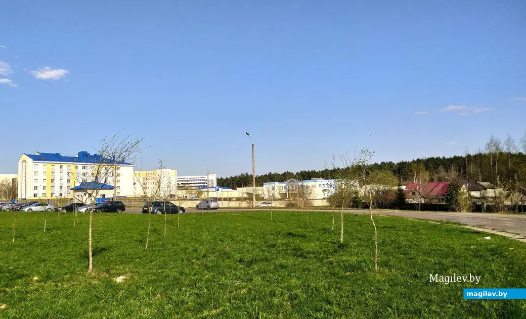 Вид на Могилевский областной онкологический диспансер и частный сектор неподалеку. Могилев, ул. Академика Павлова, 21 апреля 2023 года.