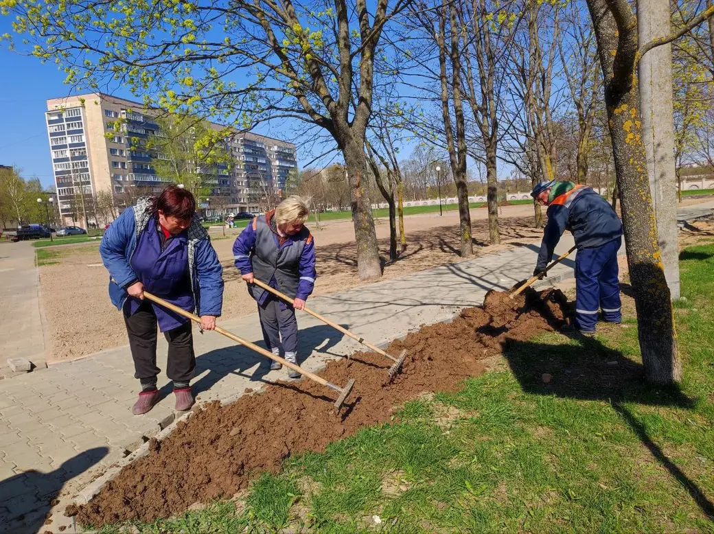 Cпециалисты «Могилевзеленстрой» трудятся над благоустройством территории. Могилев, 21.04.2023 г. Фото: t.me/moymogilev