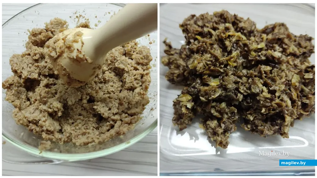 При помощи блендера готовим фарш из гречки и грибов, после чего смешиваем оба ингредиента