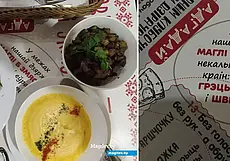 Дранікі з тварожным крэмам і селядцом пасля крэм-супа з бульбы. Обед в кафе «Шпаркі лось» за 9,93