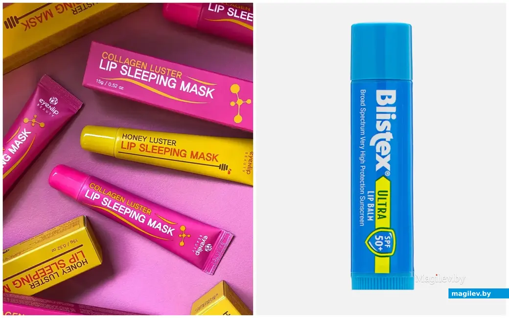 Ночная маска для губ EYENLIP Lip Sleeping Mask - слева. Бальзам для губ Blistex - справа. Изображение: goldapple.by