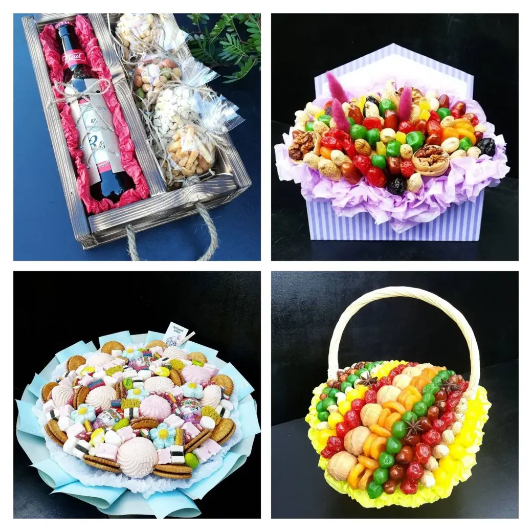 Съедобные букеты Ольга создает не только из сладостей, но из сухофруктов и орехов. Можно дополнить такую композицию напитком.