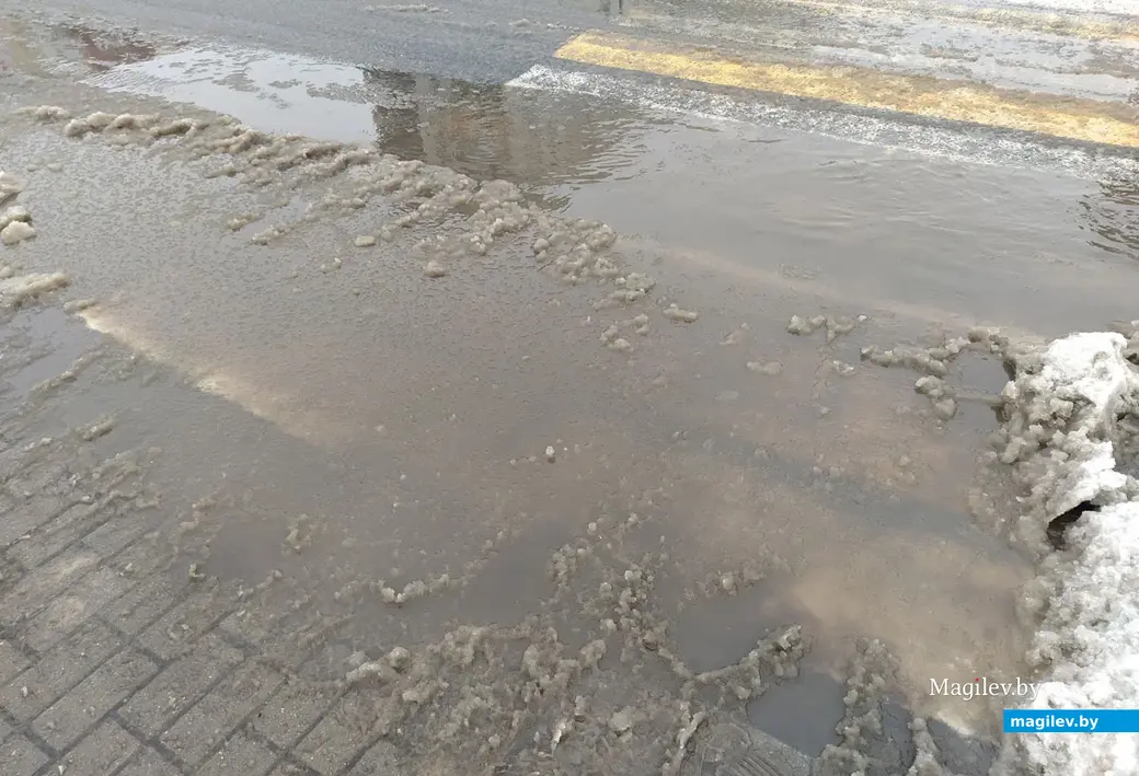 Улица Островского. Могилев. 28 ноября 2022 года. На пешеходном переходе - лужи.