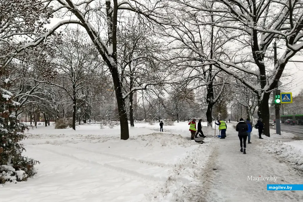 Пушкинский проспект. Могилев. 28 ноября 2022 года. В сквере тротуары тоже убирают.