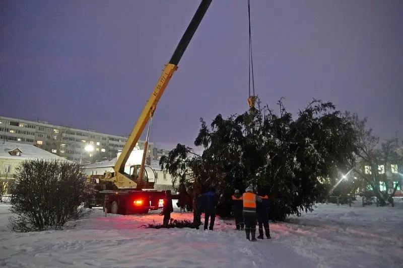 Установка елки у кинотеатра «Космос». Могилев, 6.12.2022 г. Фото: vestnikmogileva.by