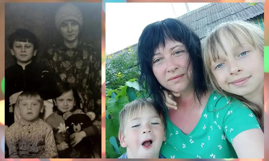 Ольга (с медведем) с сестрами и мамой, 1989 год. Лето 2021 Ольга со своими детьми на даче.