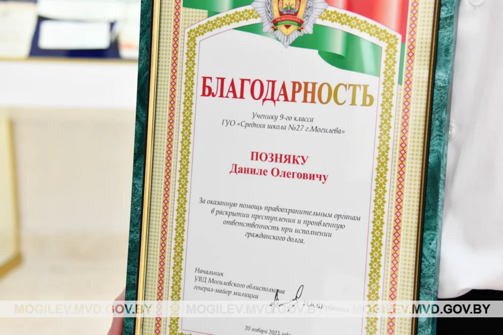 В Могилеве наградили девятиклассника за попытку задержать вооруженного преступника.