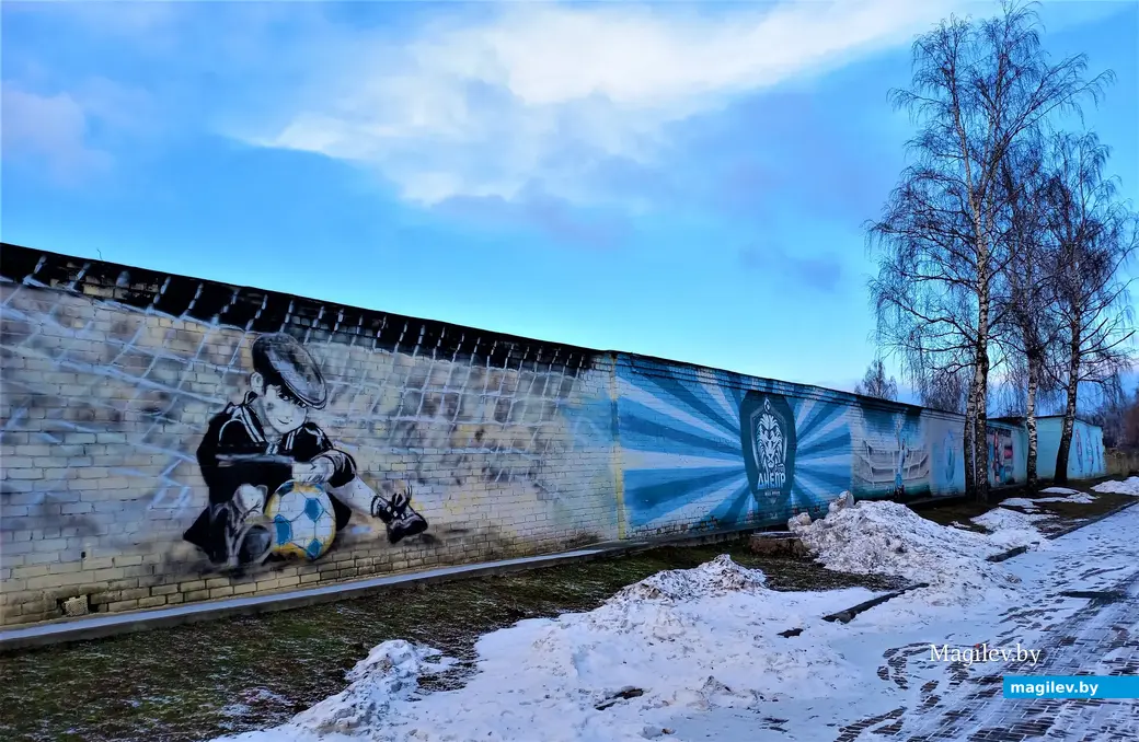 Футбольный клуб «Днепр-Могилев». Наверное, самая длинная в нашей области граффити-картина на футбольную тему. Могилев, 28.01.2023 года.