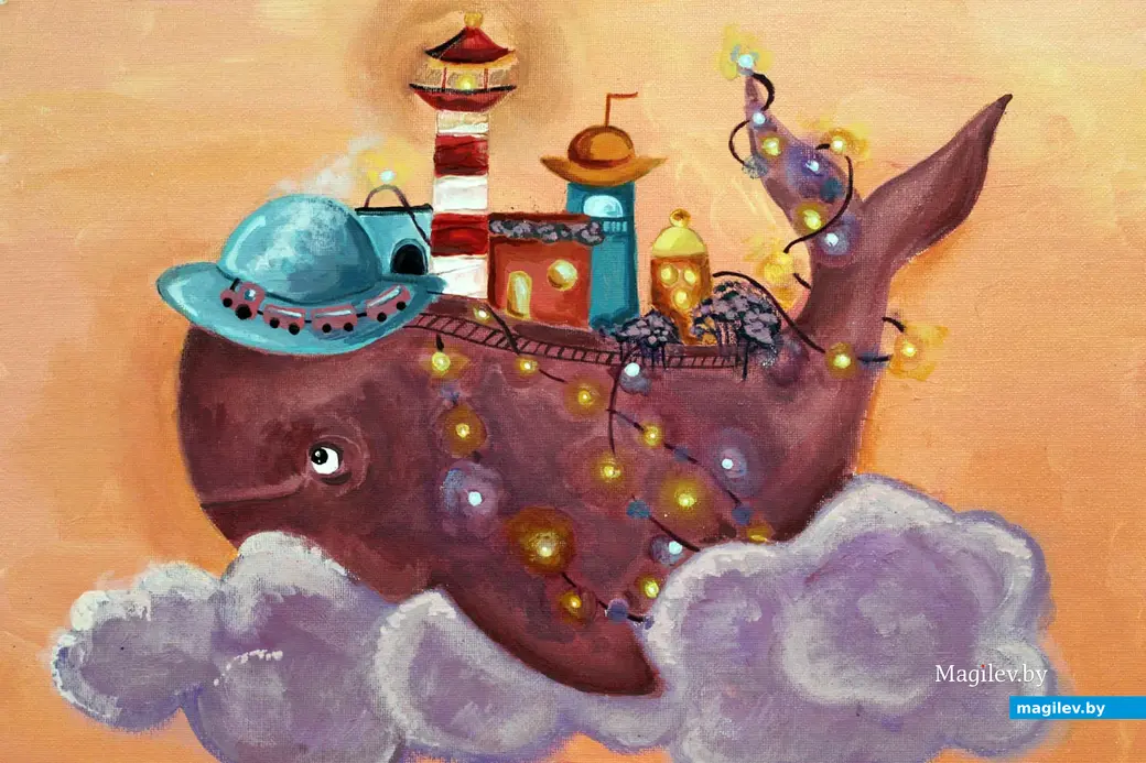 Один из детских вариантов воплощения в жизнь темы кита, как дома. Проект «Арт-сезоны с Гекльберри» в музее Бялыницкого-Бирули. Могилев, февраль 2023 года.