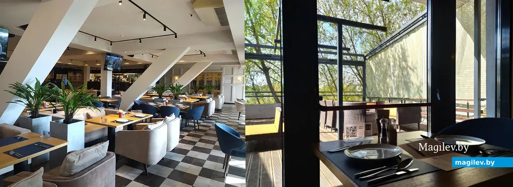 После обеда в будний день в ресторане «Цоколь» свободно. Нас усадили с видом на террасу. Видно, что ее уже готовят к летнему сезону. Гастробар «Цоколь», Могилев.