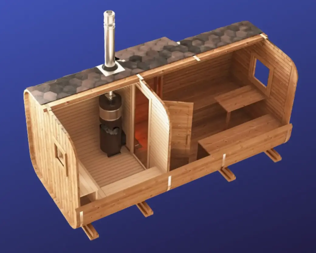 Так выглядит эта же модель внутри. Топка выходит в комнату отдыха (предбанник), но может располагаться и снаружи.