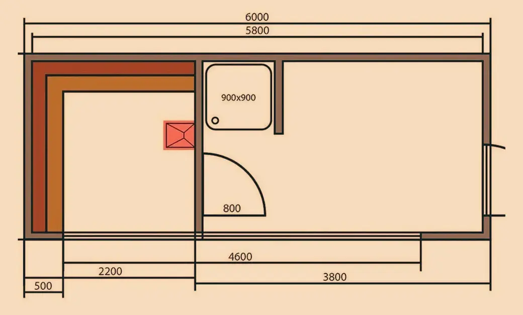 План каркасной сауны 6м х 2.45м. Просторная зона отдыха, душевая и парная.