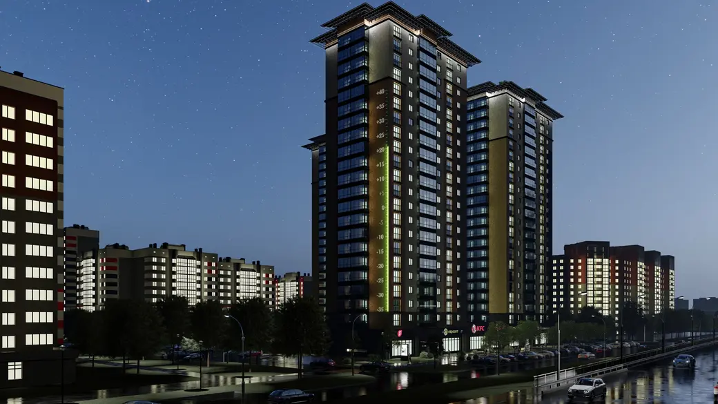 Жилой комплекс «Ориентир» в Могилеве, который строится на пересечении улиц Ленинской и Стасова. Проектом предусмотрена ночная подсветка домов. Проектное решение.