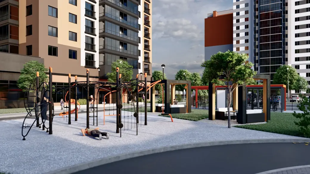 Жилой комплекс «Ориентир» в Могилеве, который строится на пересечении улиц Ленинской и Стасова. Дворовая территория. Проектное решение.