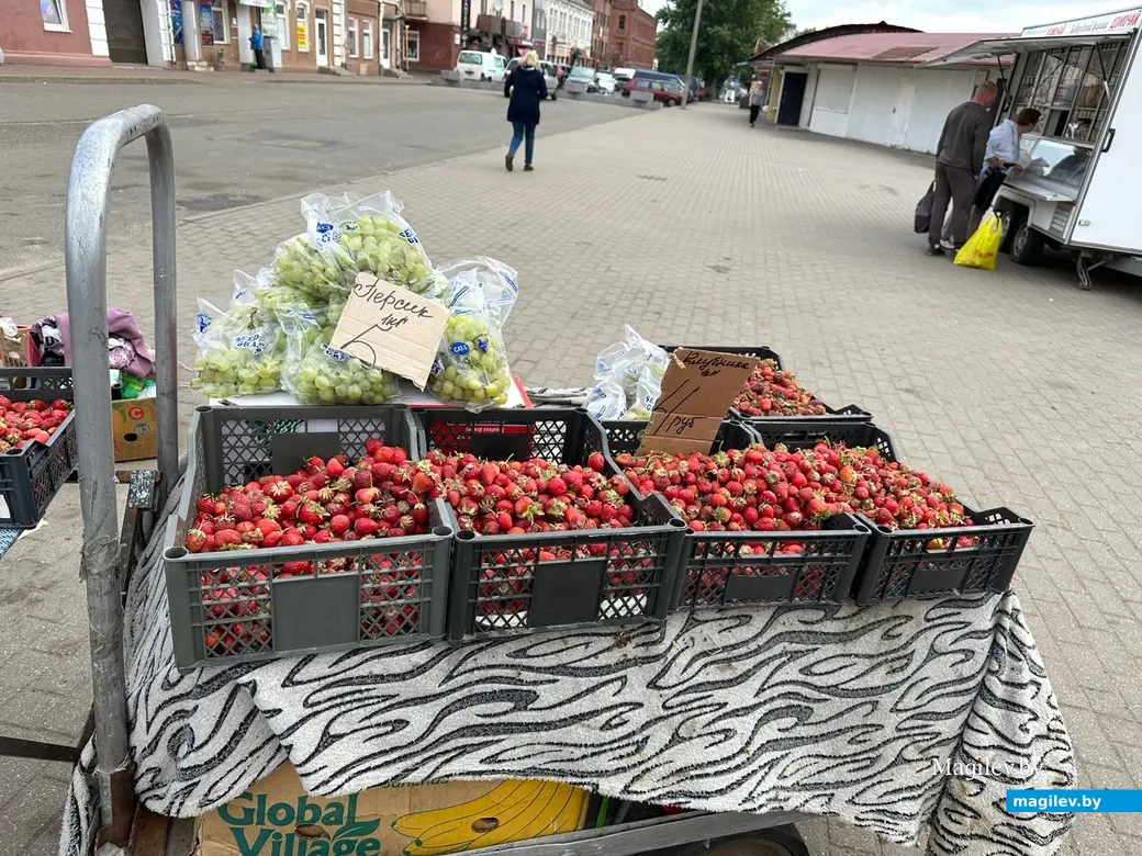 Может, виноград по вкусу напоминал персик? А может, просто картонки перепутались. Бобруйск, рынок «Центральный», 10.06.2023 г.