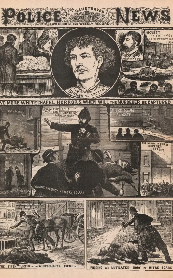 Иллюстрированные полицейские новости 1888 года на первой полосе сообщают об убийствах, приписываемых Джеку-потрошителю.