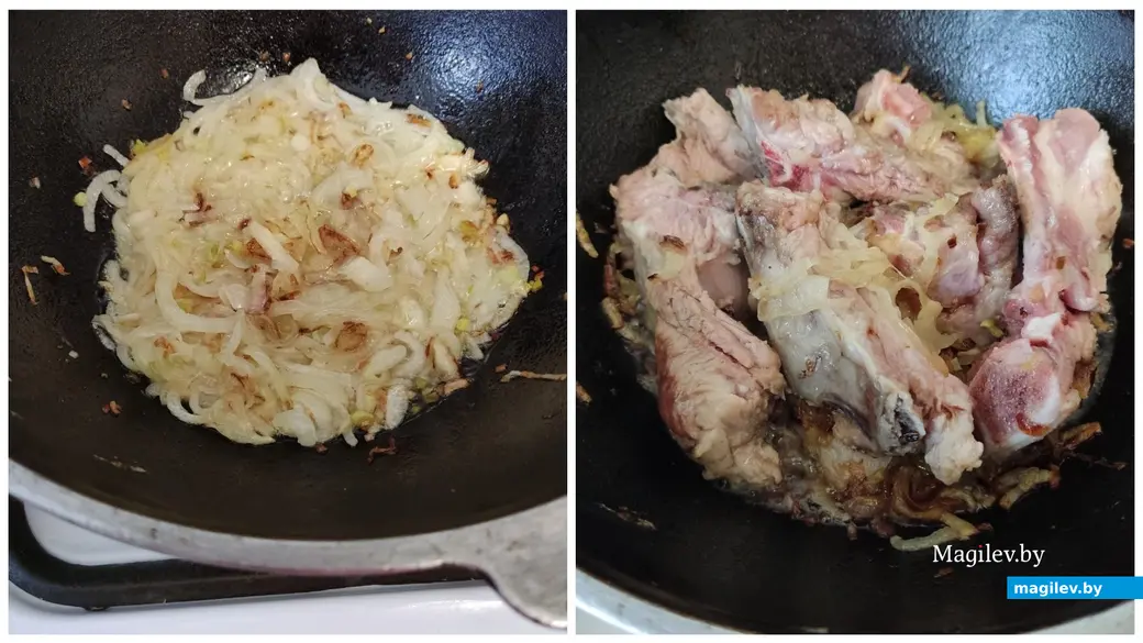 Лук обжарить до золотистого цвета, положить мясо