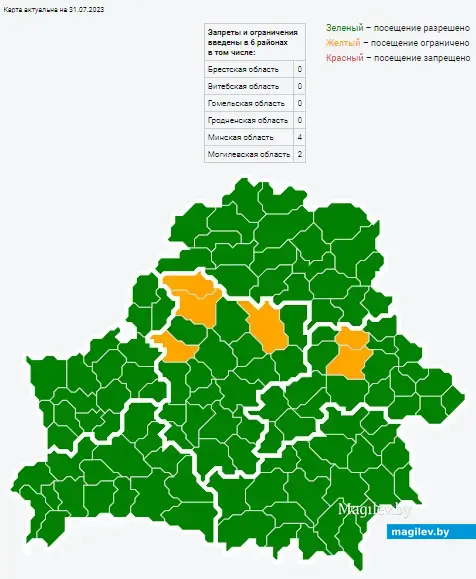 Карта запретов и ограничений на посещение лесов обновляется в режиме реального времени. Фото: скриншот сайта Министерства лесного хозяйства Беларуси.