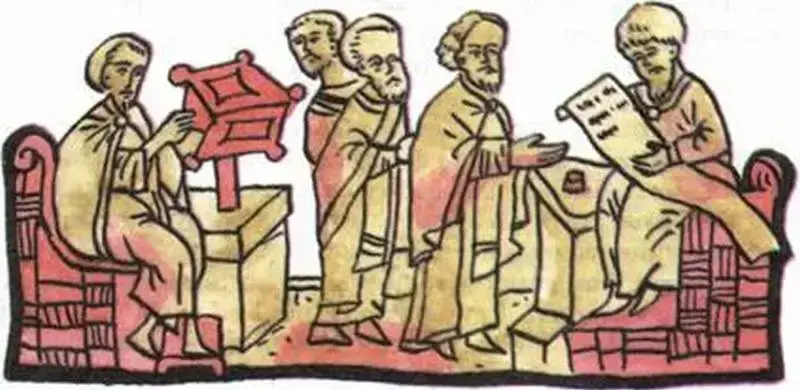 Первые известные законодательные акты не содержали упоминания о запрете подлога или фальсификации доказательств. Миниатюра из древних летописей.