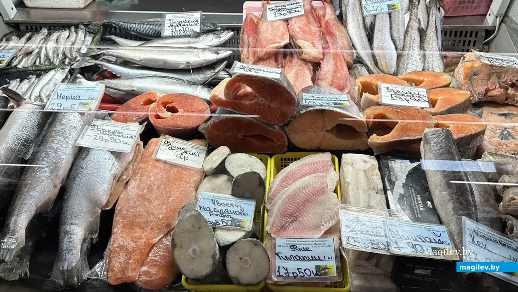 К оформлению витрин продавцы подошли основательно. Могилев, рыбный павильон на Центральном рынке, август 2023 года.