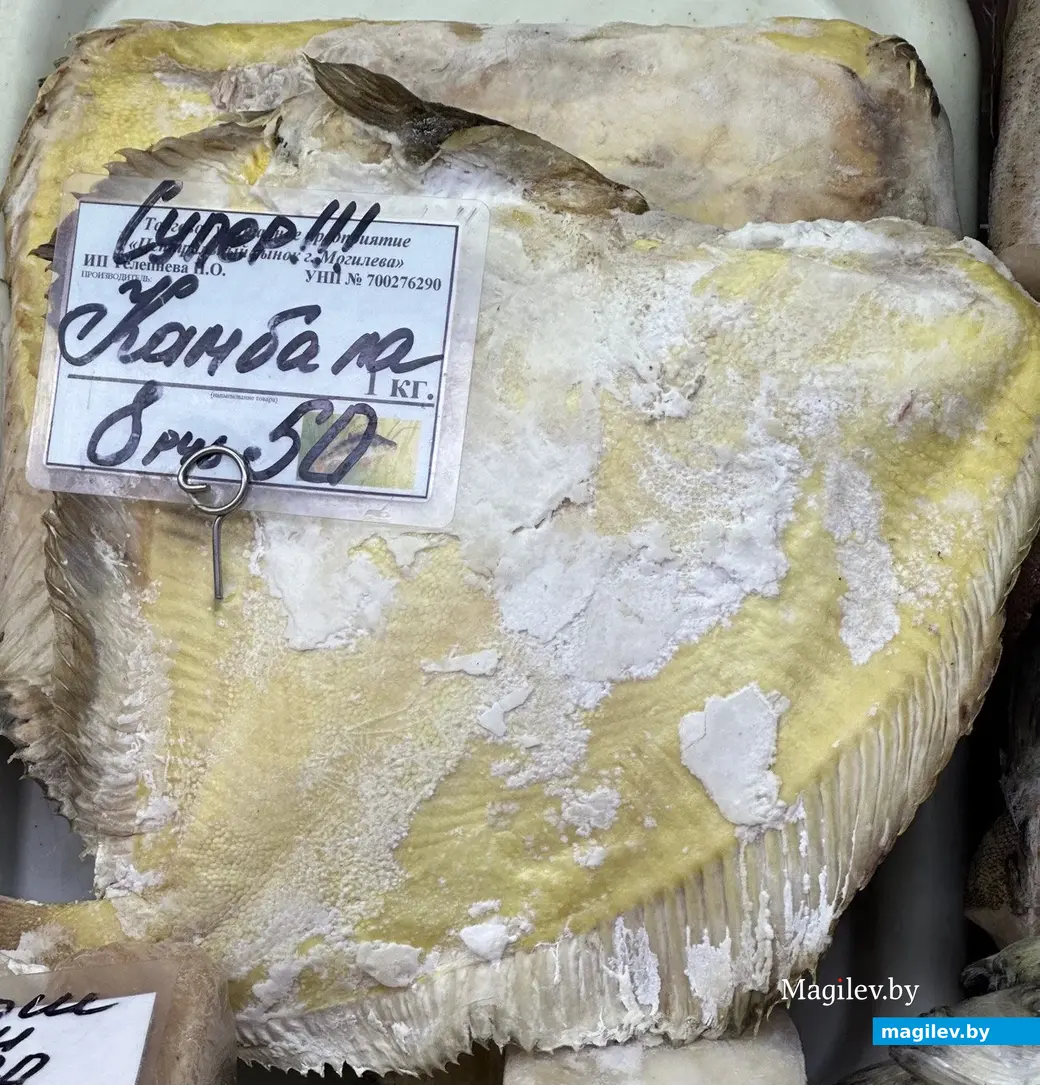 Не зря камбала королевская – конкретно эта занимает целый поднос. Могилев, рыбный павильон на Центральном рынке, август 2023 года.