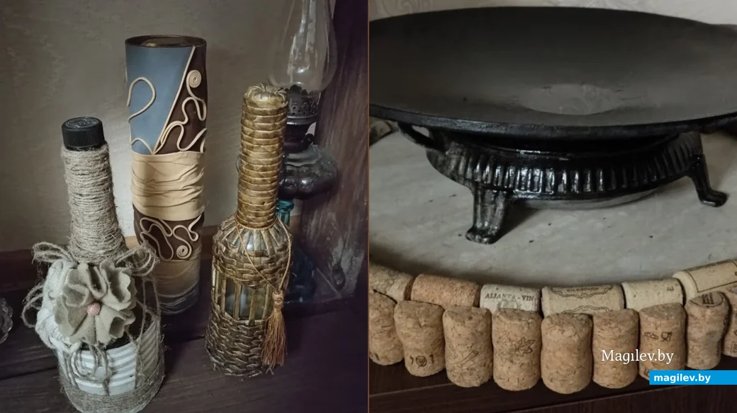 Стеклянные бутылки, оплетенные кожей и шнуром, стали прекрасным украшением интерьера, а из