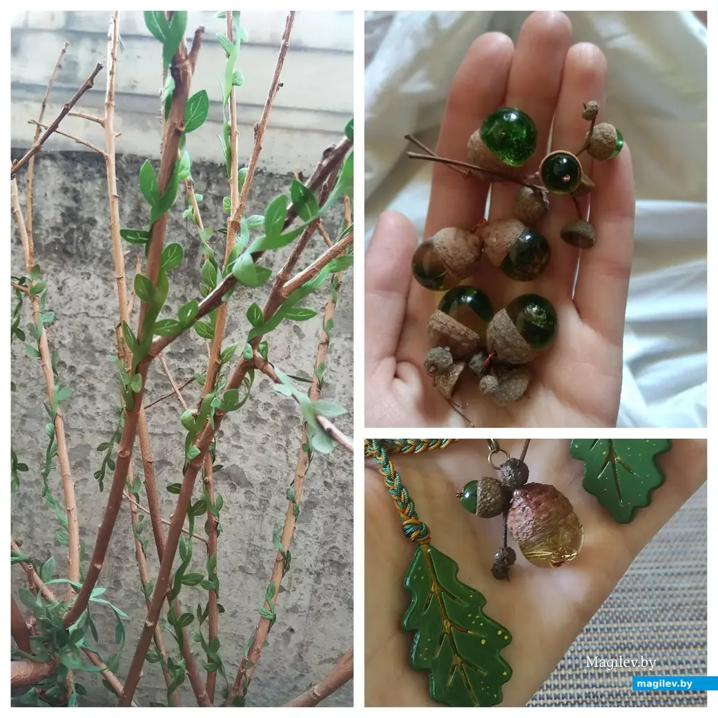 На фото – некоторые детали «Дерева желаний». Целиком оно не сохранилось. Желуди и все прозрачные элементы сделаны из эпоксидной смолы.