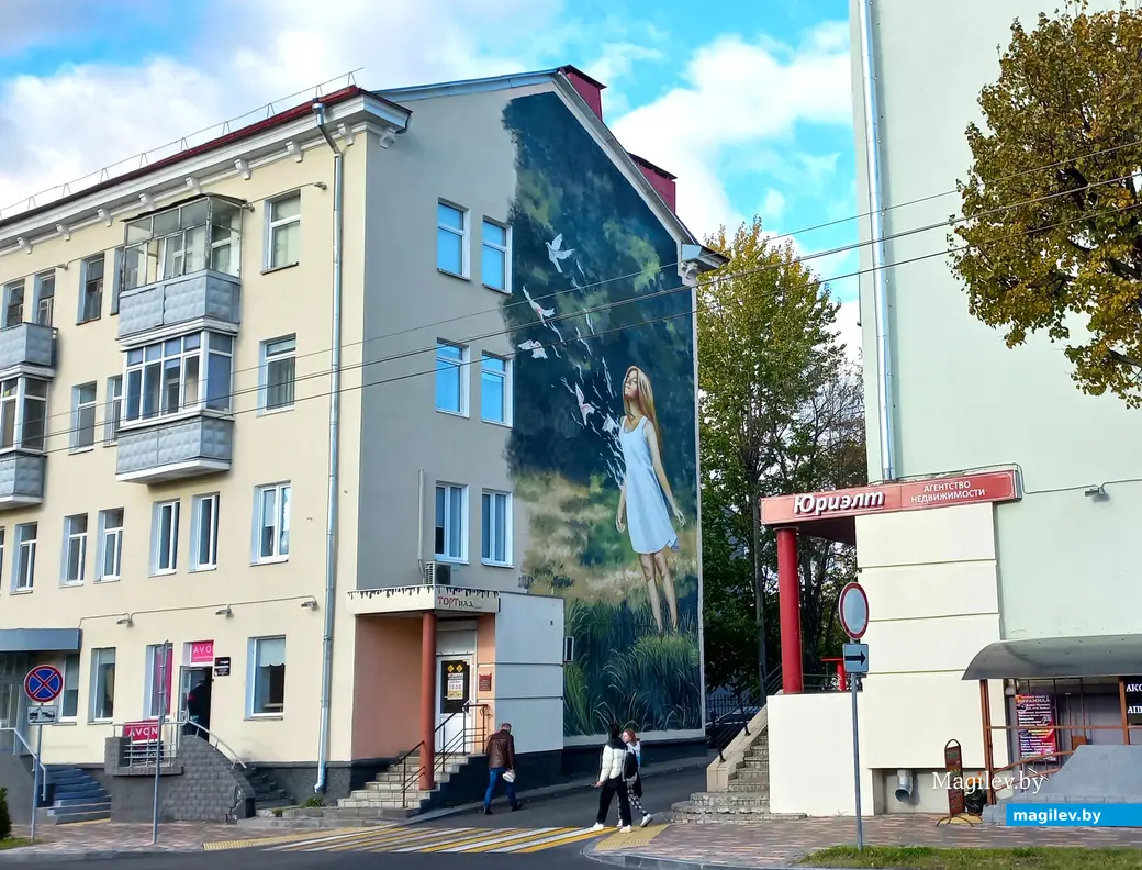 Выразительное граффити с девушкой совершенно непроизвольно стало своеобразной иллюстрацией маленькой уличной библиотеки, расположенной через дорогу. Могилев, ул.