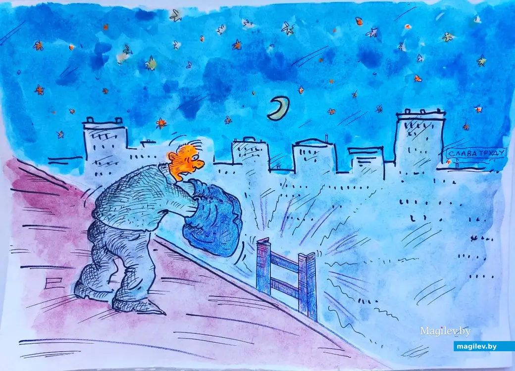 Сложная ситуация на крыше роддома. Пришлось пустить в дело пиджак. Рисунок автора.