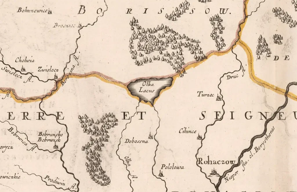 Olka Lacus (Озеро Олка) на странице атласа «Всех частей света» Николя Сансона (1697)