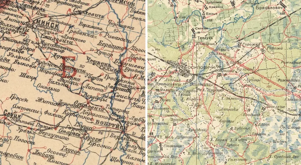 Слева: почтовая карта Европейской части С.С.С.Р.» наркомата связи 1934 года. Справа: карта РККА