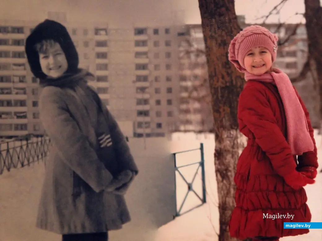 Дочь Надежда в возрасте 9 лет во дворе дома №29 по улице Мовчанского в 1984 году и ее дочь Маша на том же самом месте в 2010 году. Фото из семейного архива семьи